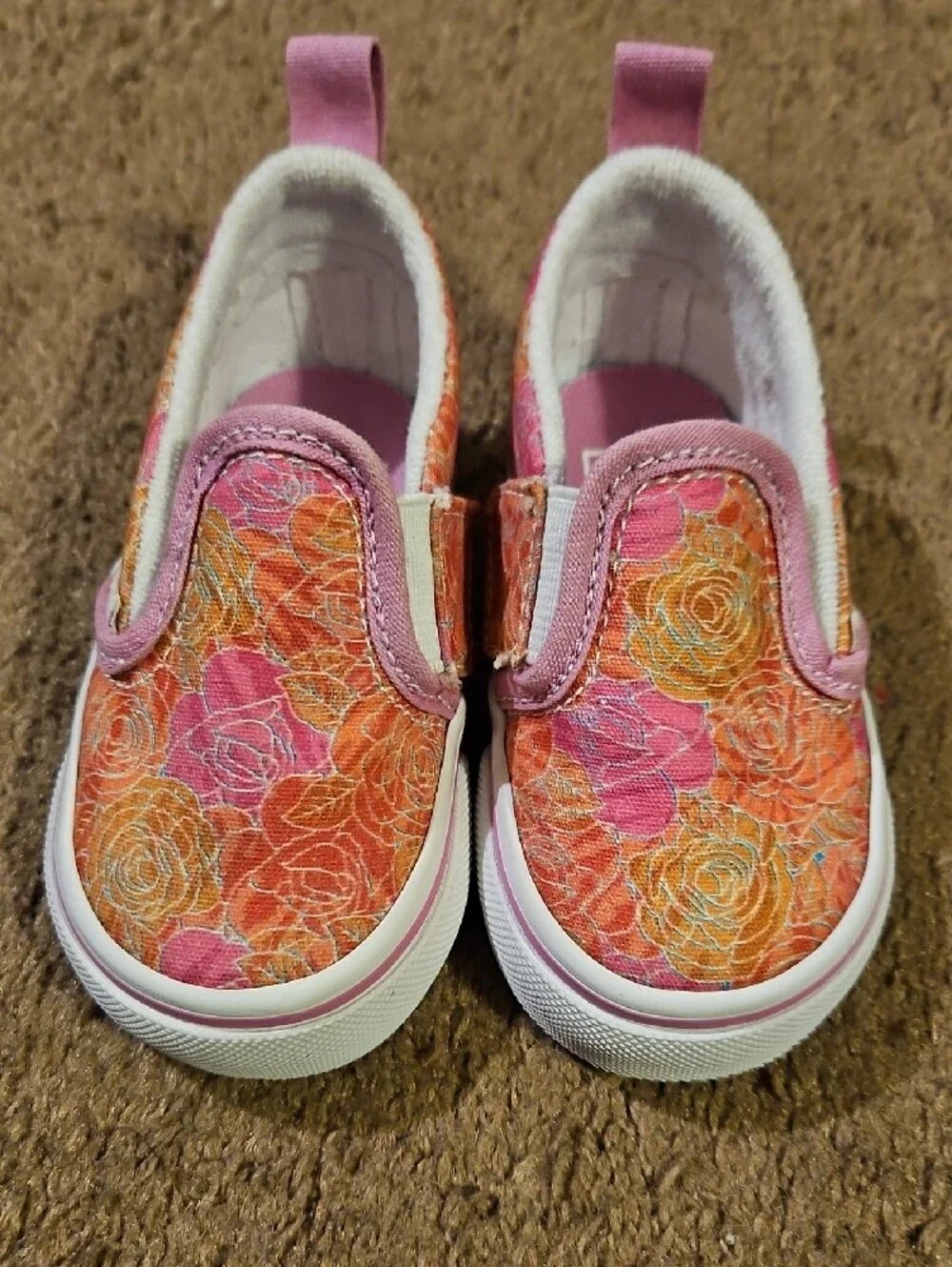 Vans Toddler Girls Floral Slip-On Sneakers in Pink and Orange